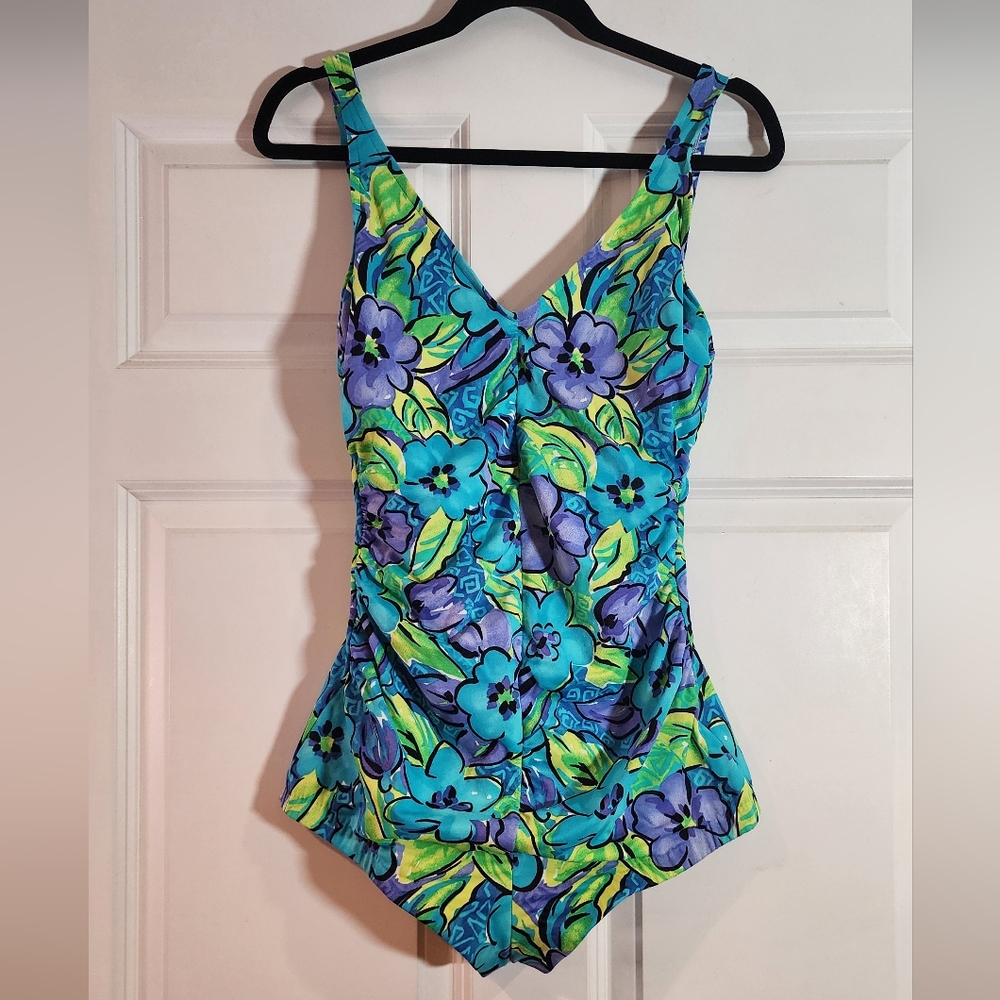 Rose Marie Reid Vintage Blue Green Floral One Piece Swimsuit Size 16